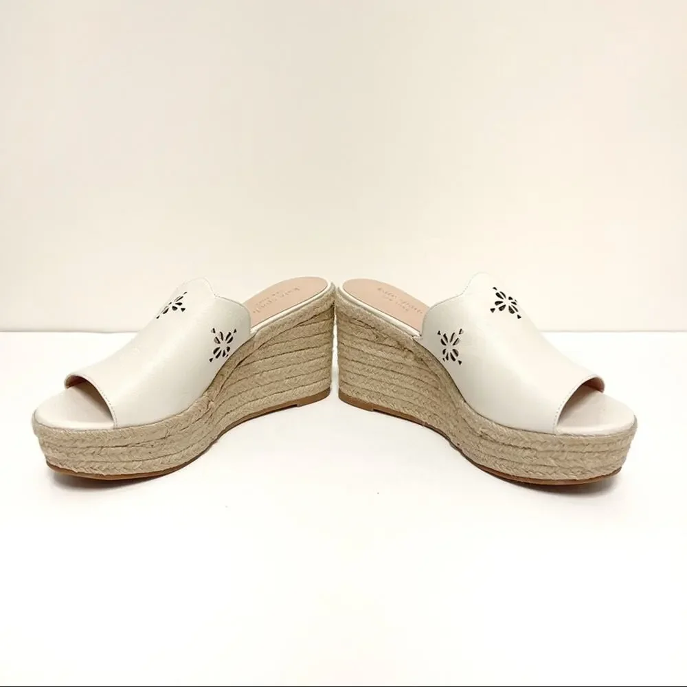 Kate Spade Tia Espadrille Wedge Sandals Size 6 Leather Slides Laser Cutout